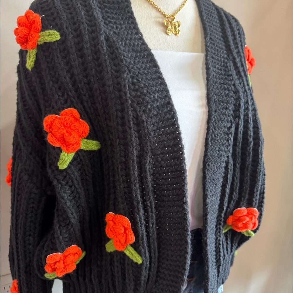 NWT Crochet with floral appliqué cardigan